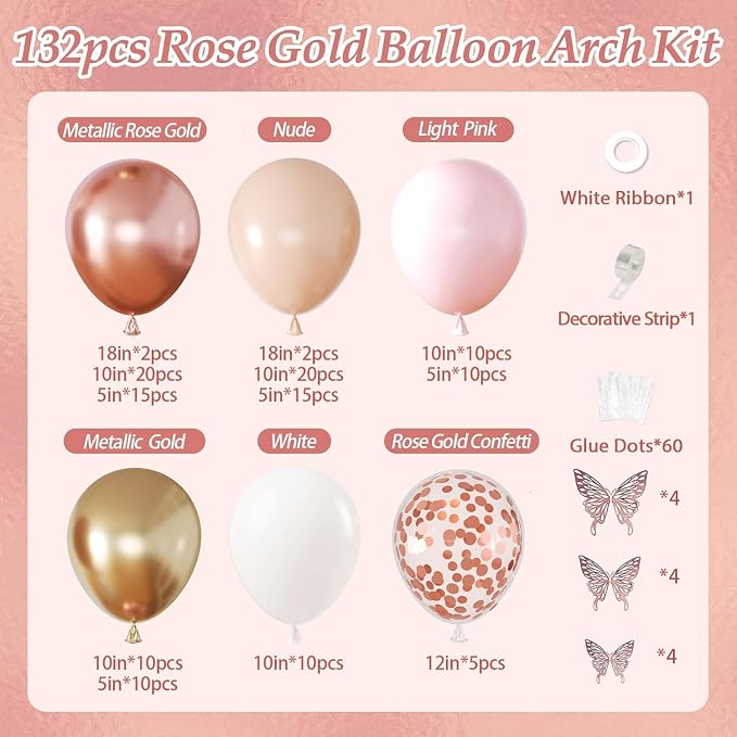 144Pcs Rose Gold Balloons Garland Arch Kit, Metallic Rose Gold Pearl White Confetti Balloons with 3D Butterfly Stickers for Birthday Wedding Baby Bridal Shower Party Engagement Decorations