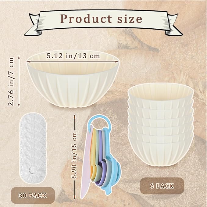 6 Pcs Silicone Bread Proofing Baskets 5 Inch Collapsible Sourdough Baking Basket Round Proofing Bowl with Measuring spoon and 30 pcs Bowl Covers Sourdough Bread Baking Supplies for Home Bakers(Beige)