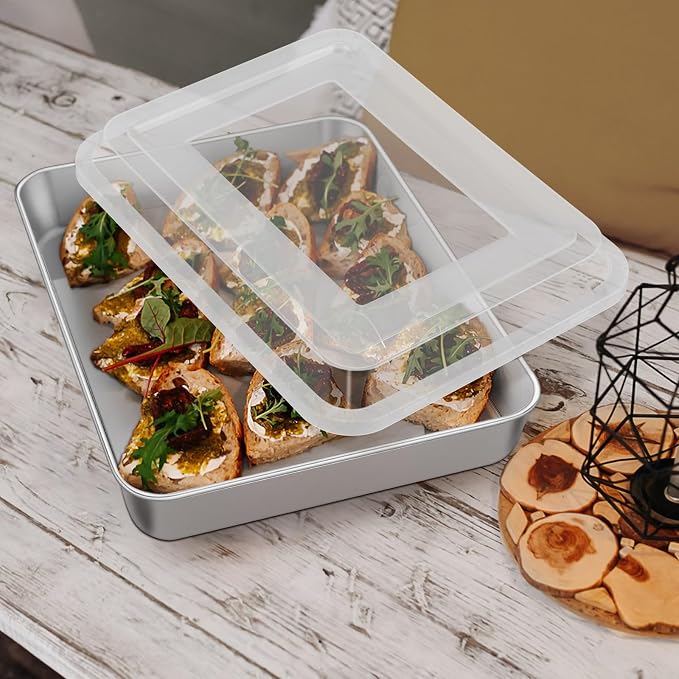 Leonyo 2 Pcs Lasagna Pan with Lid, 9.3 x 7 x 2 Inch Cake Pan Baking Sheets | For Baking Commercial Kitchen, Focaccia Bread, Casserole Dish