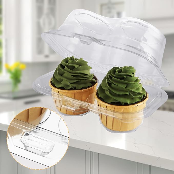 YOUNTHYE 100PCS Cupcake Containers 2 Count Clear Cupcake Boxes Disposable Cupcake Holder with Lid Plastic Cupcake Containers 2 Cavity High Topping Cupcake Container for Cupcakes Muffins Pies