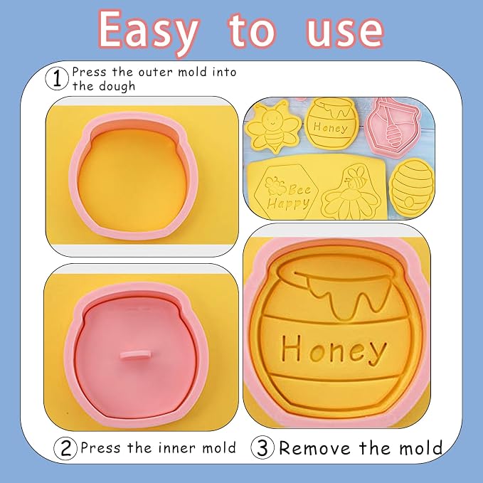 8 Pcs 3D Bee Cookie Cutters With Plunger Stamps Set Mini Honey Honeycomb Plastic Embossing Cutters for DTY Biscuit Snacks Baking Birthday Party Supplies Cheese Fondant Pastries Apple Pie