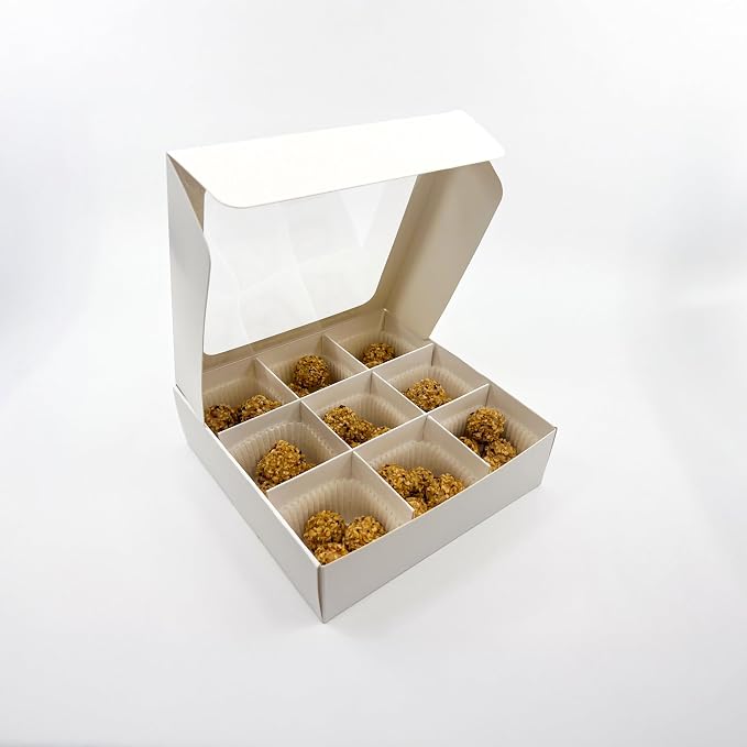 20pcs White Treat Boxes with Window and Dividers | 9 SMALL compartments | 6.5 x 6.5x 1.9 in | Chocolate-covered strawberries supplies, macaron boxes, baked goods packaging