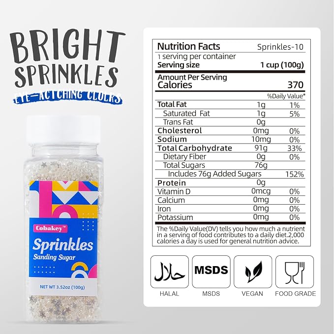 White Sanding Sugar Edible Silver Glitter Stars Mix, 3.5oz White Sugar Sprinkles for Cake Decorating, Sparkling Sugar Crystals for Cupcake Toppers Cookie Decorations for Wedding Party Celebrations