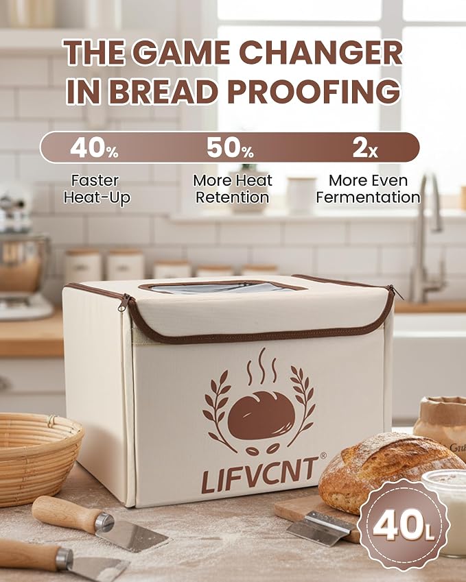 Folding Bread Proofing Box, Dough Proofer with 68–132°F Temperature Control & 99H Timer, Sourdough Proofing Box for Bread, Pizza, Yogurt, Kombucha, with Metal Rack & Water Tray, Oat Beige