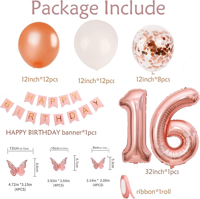 16th Birthday Decorations For Girls- Rose Gold Pearl White Balloons, 32 Inch Rose Gold "16" Balloon, 3D Butterflies Stickers, Happy Birthday Banner For Girl Sweet Sixteen Party Decorations