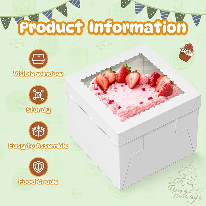 12 Pack Cake Boxes, 12x12x8 Inches Tall Cakes Box, White Cake Boxes with large Window, Square Bakery Box, Disposable Cakes Transport Containers, for Cake Cookie Dessert Pastry, Birthday Party, Wedding