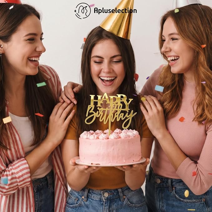 Happy Birthday Cake Topper, Acrylic 7.5" x 6", Mirror Gold | Premium 2mm Acrylic, Large size, Classic Cake Decoration, Luxurious High-Gloss Finish