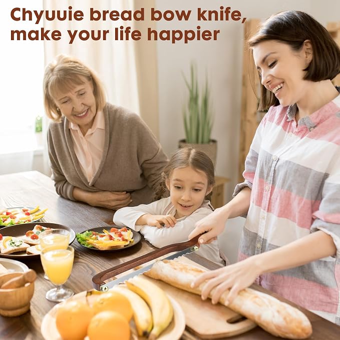 Bread Slicer for Homemade Bread - Wooden Sourdough Bread Knife with Bow Design - Premium Stainless Steel Serrated Saw Bread Cutter for Bagels, Baguettes Vegetables, Sandwich, Fruits with 2 Blades