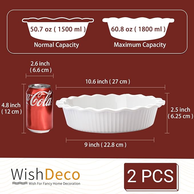 WishDeco Pie Pan for Baking Set of 2, Ceramic Baking Pan 9 inch, Deep Round Pie Dish 50 oz, Pie Plate with Fluted Rim, Porcelain Baking Dish for Apple Pie, Quiche, Tart, Cake Oven & Microwave Safe