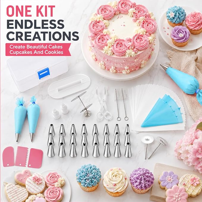 82 pcs Cake Decorating Kit,Baking Supplies Tools, | 48 Piping Tips,3 Cake Spatulas,1 Piping Shears,1 Smoother,2 Converters,20 Disposable Piping Bags+2 Reusable Pastry Bags