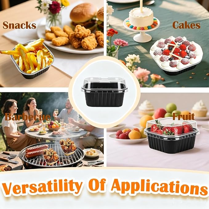 50 Pcs Mini Square Baking Cups with Lids,5oz Aluminum Foil Mini Cake Pans with Lids,Disposable Ramekins Cake Pans,150ml Dessert Cups Cupcake Pans for Wedding Birthday Party,Black Sliver