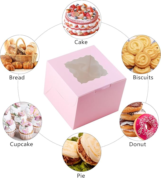 20 Pack 6x6x5 Inch Cake Boxes with Window, Pink Bakery Carriers for Bento Cake, Cupcakes, Cookies, Dessert Treats – Perfect for Valentine's Day, Mother's Day Gifting