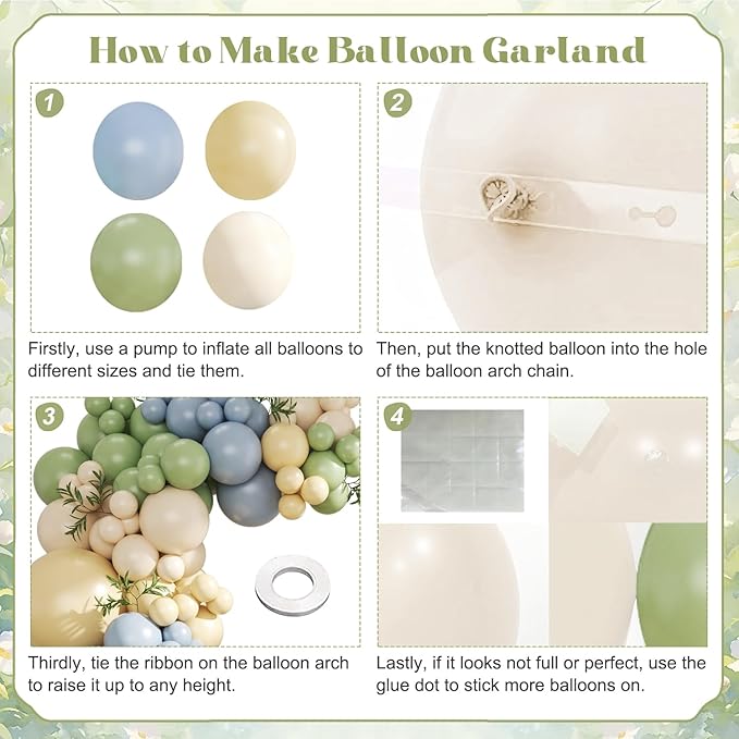 Sage Green Dusty Blue Yellow Pastel Balloon Arch Kit, 124Pcs Double Stuffed Yellow Green Dusty Blue Sand White Balloons for Baby Shower Wedding Bridal Birthday Gender Reveal Party Decorations