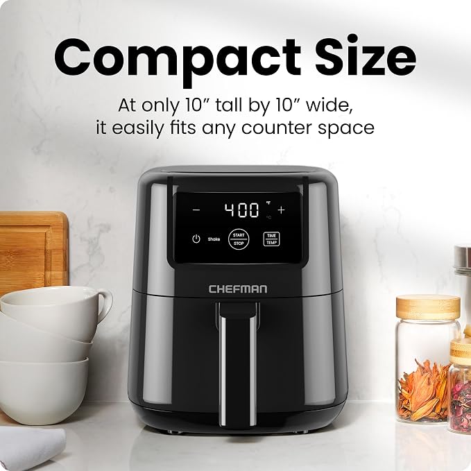 CHEFMAN 2 Qt Mini Air Fryer – Digital Space-Saving Compact Air Fryer with Nonstick and Dishwasher Safe Basket, Quick & Easy Meals in Minutes, Features Digital Timer and Shake Reminder – Black