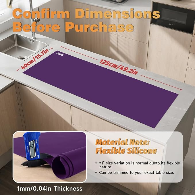 49.2" x 15.7" Large Silicone Mat for Kitchen Counter Protector, Cuttable Silicon Countertop Protector Mat Heat Resistant Mats for Countertop, Cut to Fit Placemat Ship Roll by Foepoge, Purple