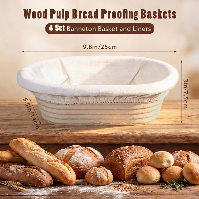 Baderke 4 Pack Banneton Bread Proofing Basket Set 10 Inch Wood Pulp Sourdough Proofing Basket Non Stick Sourdough Banneton Bowl and Liners for Bread Baking Supplies(Beige,Oval)