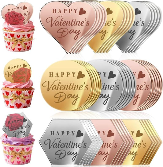 45PCS Happy Valentine's Day Cake Toppers, Mirror Acrylic Cupcake Toppers 3 Multi-shape & 3 Different Color Custom Cupcake Picks for Valentine Party Anniversary Pastries Decorations