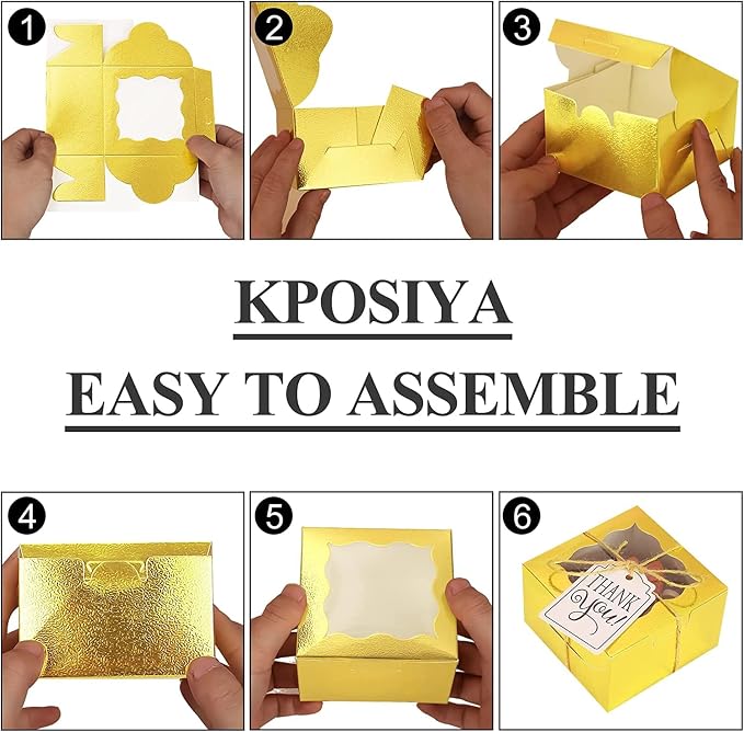 KPOSIYA 120 Pcs Gold Bakery Boxes with Window - 4x4x2.5 Inch Individual Cupcake & Cookie Boxes - Kraft Paper Gold Gift Box for Pastries, Cookies, Pie, Donuts, Macaroon