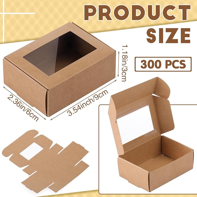Zonon 300 Pcs Soap Boxes for Homemade Packaging, Mini Kraft Boxes with Window for Bakery Candy Soap Making Gift Packaging, 3.7x2.6x1.4 Inch (Brown)