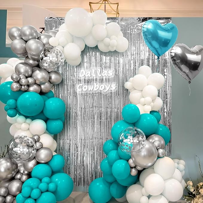 157PCS Teal Blue Silver White Balloons Garland Arch Kit with Silver Fringe Curtain for Boys Christening Birthday Bridal Baby Shower Engagement Wedding Party Decorations
