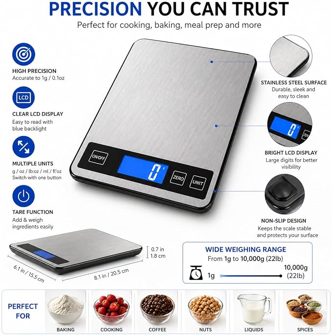 Digital Kitchen Scale 10kg/22lb, Food Scale Grams and Ounces, 1g High Precision, USB Rechargeable, Stainless Steel, Tare Function, LCD Display, Multi-Unit for Baking, Cooking & Meal Prep