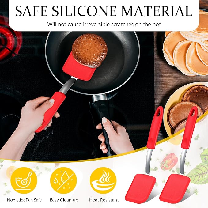 Silicone Cookie Spatula Turner 2 Pack Mini Brownie Spatula Flexible Kitchen Small Silicone Turner for Nonstick Cookware Heat Resistant No Scratch Flipper for Pancake(Solid Flat,Red)