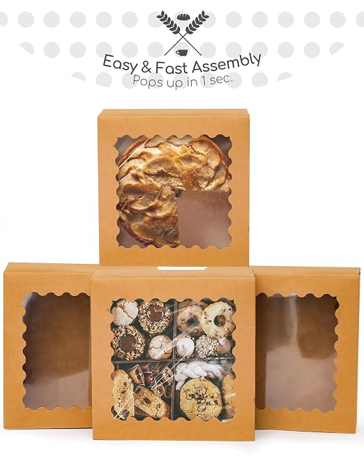 qiqee Auto-pop up 50 Packs Bakery Box With Window 8x8x2.5 inch Brown Pie Boxes Pastry