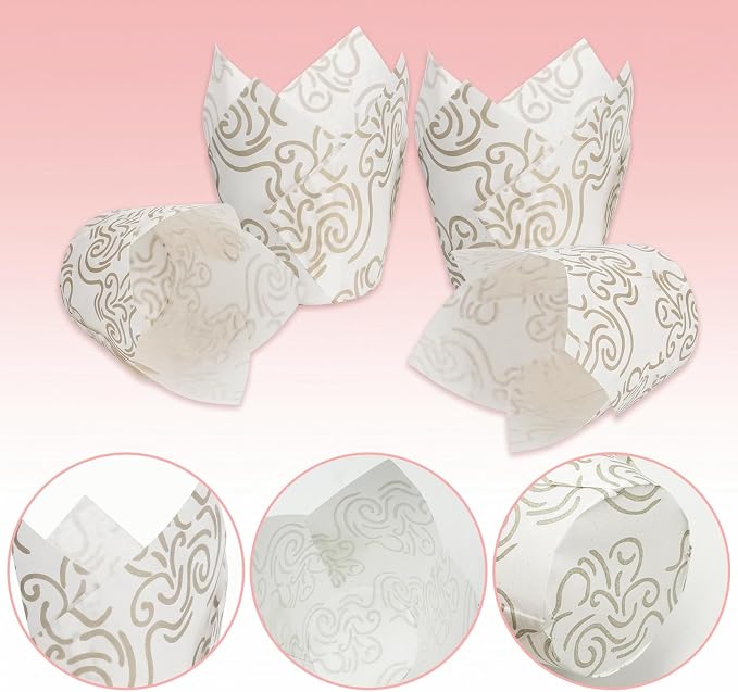 200 Pcs White Tulip Cupcake Liners for Baking, White Wavy Line | Standard Greaseproof Tulip Muffin Liners for Baking, 3oz White Paper Cupcake Wrappers for Party Wedding Birthday