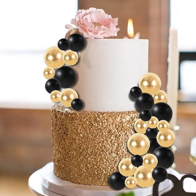 BEISHIDA 40 Pcs Ball Cake Toppers Mini Balls Cake Decorations Black Gold Foam Balls Sticks DIY Cake Topper for Congrats Grade 2026 Graduation Men Birthday New Year Retirement Party Decorations