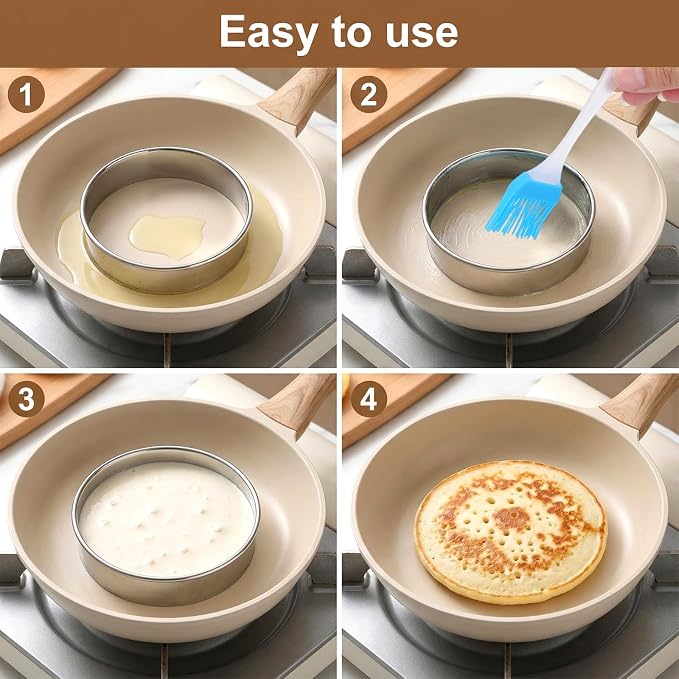 25 Pack 4 Inch English Muffin Rings, Stainless Steel Double Rolled Crumpet Rings with Silicone Brushes - Nonstick Metal Tart & Pastry Molds for Baking, Eggs, Pancakes
