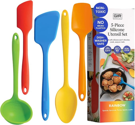 GIR 5-Piece Silicone Kitchen Utensils Set, Non-Toxic Cooking Utensils for Cooking and Baking, Heat Resistant, Food Grade, Dishwasher Safe Rubber Spatula, Ladle, Spoon - Rainbow