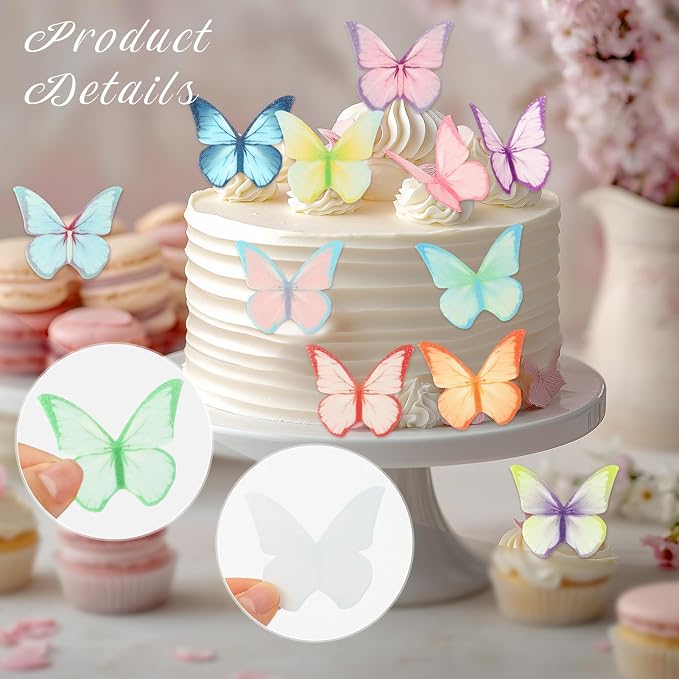 48Pcs Edible Cake Toppers, Wafer Paper Butterfly Cake & Cupcake Decorations Colorful Butterflies for Wedding Birthday Party Cake Cupcakes Decorating