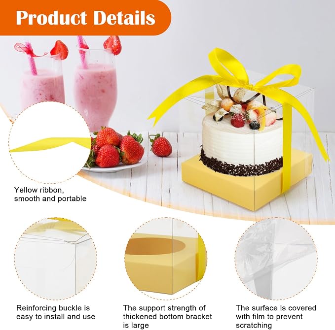 12 Pack Clear Plastic Cupcake Boxes, 3.5 Inch Gold Single Cupcake Containers Disposable Individual Cup Cake Carrier Holder Boxes with Inserts and Ribbon (Yellow)