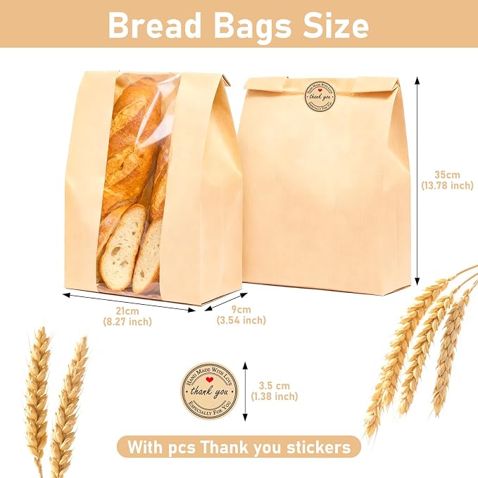 120 Pcs Paper Bread Bags for Homemade Bread with Window, 13.8 x 8.3 x 3.5 in Sourdough Bread Bags with 125 Sealing Stickers, Packaging and Storage of Baked Goods Suitable for Bakers