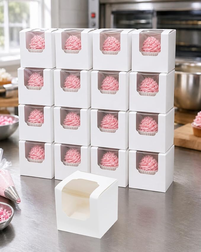 Bakepacker Auto-pop up Cupcake Boxes 200-Packs White 3.5" x 3.5" x 3.5", for Cake, Treat Cookie Dessert, Pastry, Birthday Party, Weddings