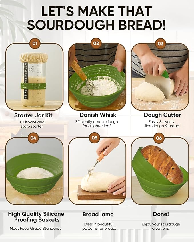 Sourdough Bread Baking Supplies 34 OZ Sourdough starter kit with 2 Bread Proofing Basket - Green