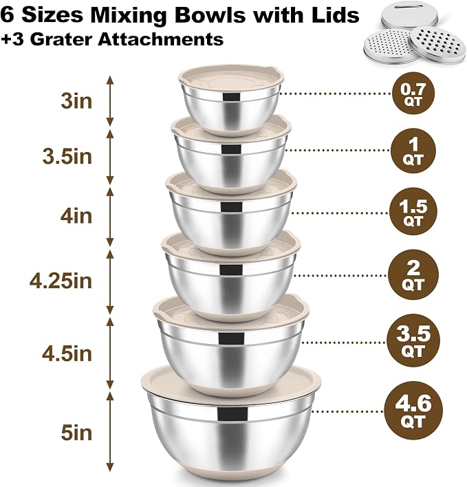 TeamFar Mixing Bowls, 6 PCS Stainless Steel Nesting Salad Bowl with Lids & 3 Graters, For Kitchen Cooking Serving Prepping, Airtight & Non-Slip, Size 4.6/3.5/2/1.5/1/0.7 QT, Khaki