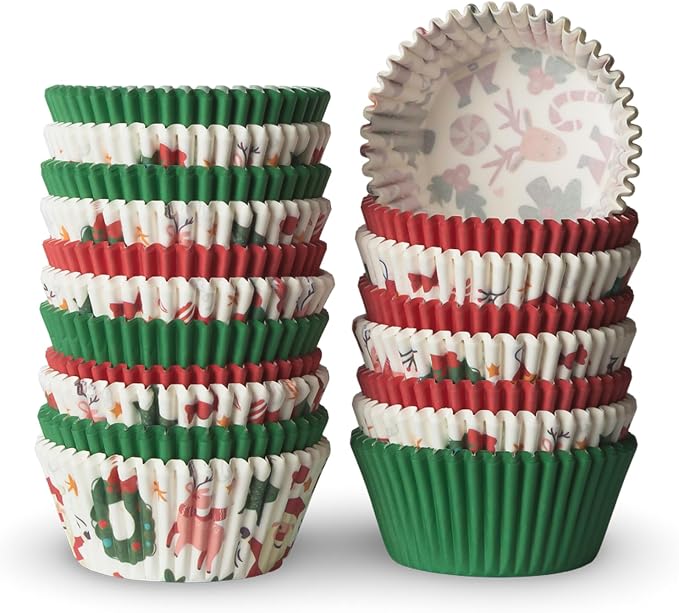 500 Paper Cupcake Liners, Muffin Liners or Baking Cups for Desserts, Muffins, Cupcakes and More Treats; Grease Proof, Food Grade, Nut Serving Containers (Christmas)