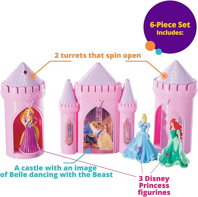 DecoSet® Disney Princess Happily Ever After Birthday Cake Topper, 6-Piece Cake Decorations, Includes Castle with Moveable Turrets, Cinderella, Ariel and Rapunzel Figurines
