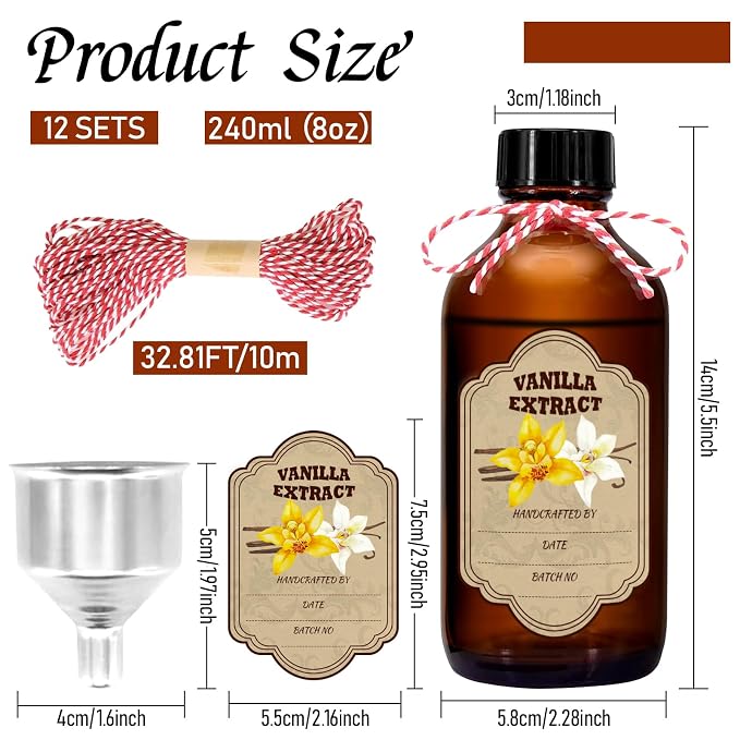 8 oz Amber Glass Boston Round Bottles, 12-Pack Empty Vanilla Extract Bottles with Caps for Gift Giving, Syrup, Sauce