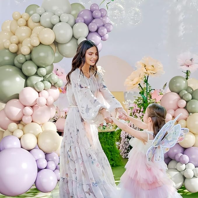 Dusty Green Purple Pastel Pink Balloon Arch Garland Kit 124Pcs Double Stuffed Light Green Sage Green Purple Yellow Macaron Pink Balloons for Wildflower Baby Shower Wedding Birthday Party Decorations