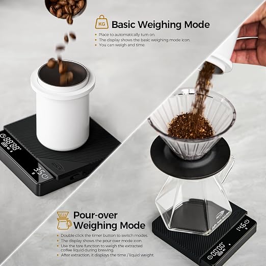 IKAPE Espresso Coffee Scale with Timer, 2kg/0.1g High Precision Digital Scale with Silicone Mat, 4 Modes in One, LED Display, Auto-Tare, for Kitchen, Cooking, Espresso, Pour Over Coffee