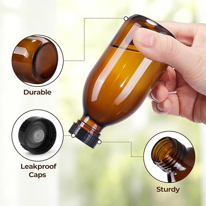 8 Pack 4 OZ Amber Glass Bottles with Lids, Vanilla Extract Bottles Empty Boston Glass Bottles for Homemade Vanilla Extract, Essential Oils, Juice, Potion, Syrup, Liquids, Christmas Gift