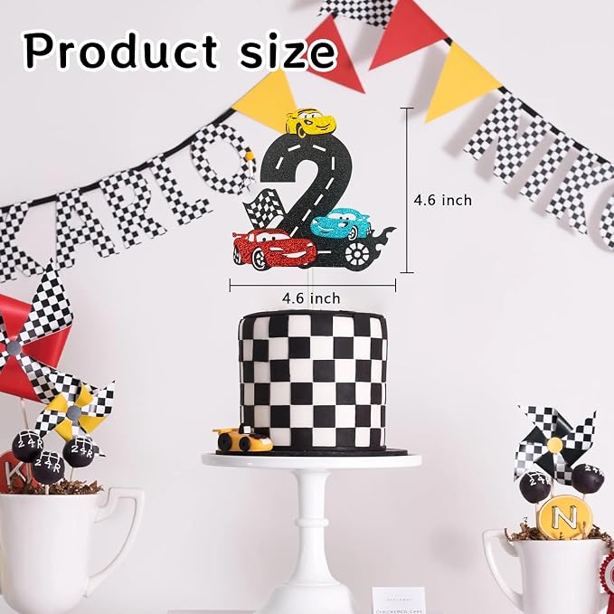 MEMOVAN Race Car 2nd Cake Topper Two Fast Cake Topper Racing Car Birthday Cake Decoration for Racing Car Checkered Flag Themed Girl Boy 2 Years Birthday Party Decoration Double Sided