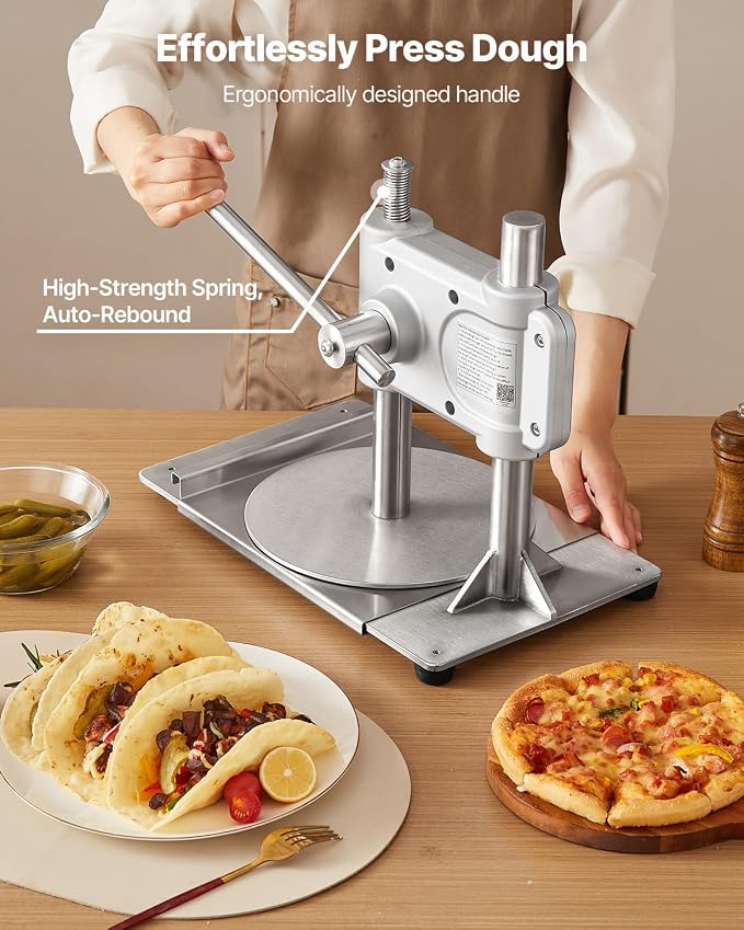 VEVOR Manual Pizza Dough Press Machine, 9.5 inch Pizza Pastry Press Plate, Stainless Steel Bread Presser, Commercial Chapati Sheet Crust Maker, Forming Machine with Handle and 100 Pcs Parchment Paper