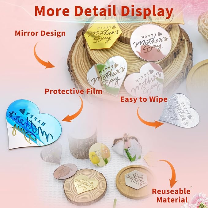 45PCS Happy Mothers Day Cake Toppers, Mirror Acrylic Cupcake Toppers 3 Multi-shape & 3 Different Color Custom Cupcake Picks for Birthday Party Anniversary Pastries Decorations