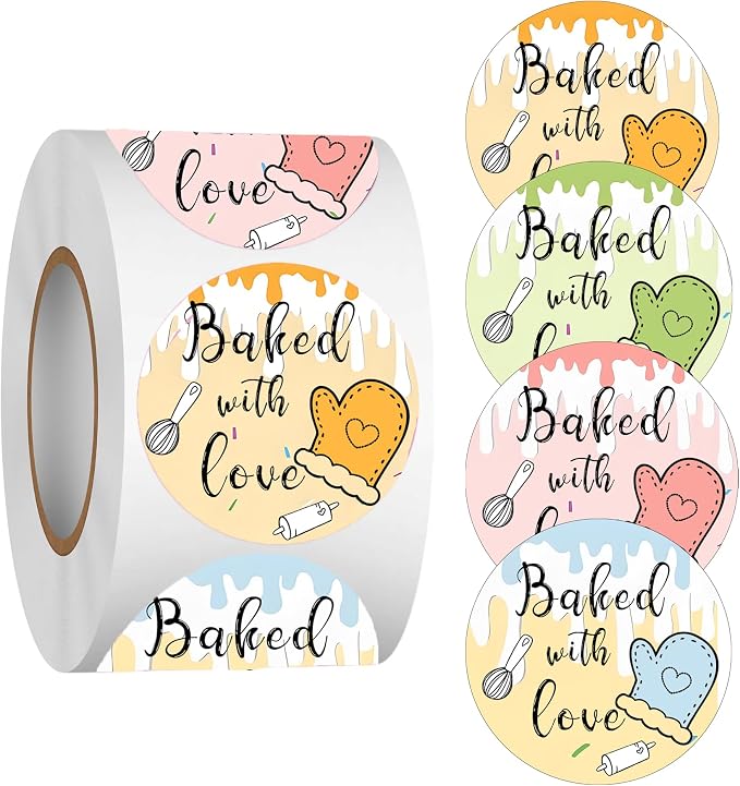 500 Pcs Baked with Love Stickers 2 Inch Round Hand Made with Love Labels 4 Unique Design Perfect for for Cookie Cupcake Stickers,Homemade Bakery Bread Bags Labels