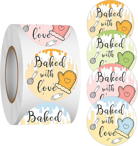 500 Pcs Baked with Love Stickers 2 Inch Round Hand Made with Love Labels 4 Unique Design Perfect for for Cookie Cupcake Stickers,Homemade Bakery Bread Bags Labels