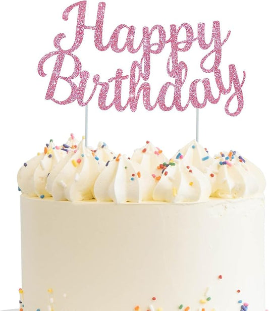 BEISHIDA Pink happy birthday Cake Topper, Happy Birthday Cake Bunting Decor,Birthday Party Decoration Supplies，Photo Booth Props