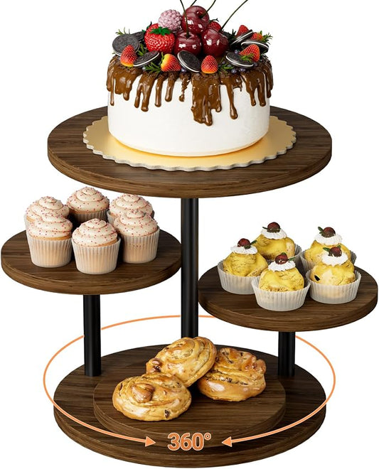 Cupcake Holder for 50 Cupcakes Wood Cake Stand with 4 Tiered Serving Tray 360°Rotating Dessert Stands Round Cookie Trays for Parties Wedding Baby Shower Afternoon Tea Dessert Table, Walnut